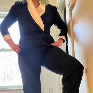 Vintage JR Nites by Caliendo Women Size 10 Satin Jumpsuit Black White Tuxedo